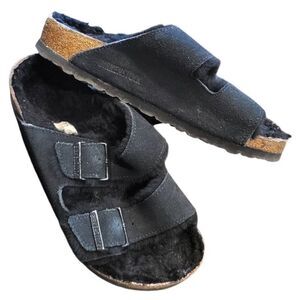 Birkenstock Sandals Women's 7 Black Arizona Shearling Lined Cozy Suede Leather